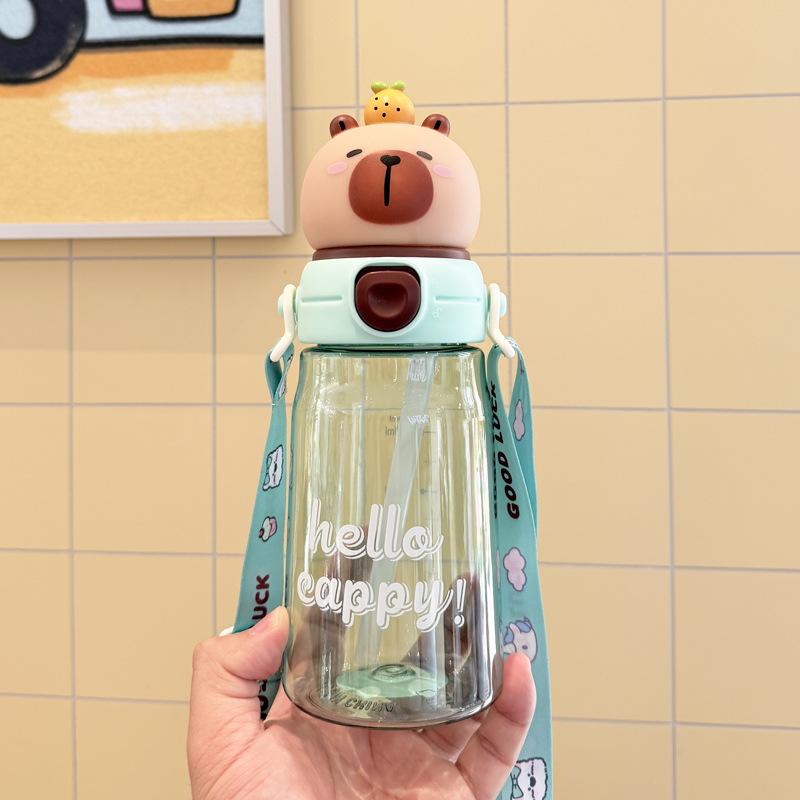Cartoon Bear Straw Cup: Portable Flip-top Water Bottle with Lanyard
