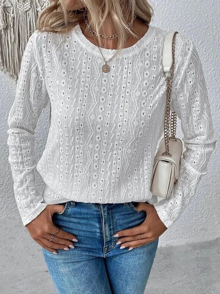 

Autumn New Solid Long Sleeve T-shirts Women s O Neck Plain Hollow Tops 2026 Spring Female Simple Casual Basic Tee Shirt Khaki XXL білий