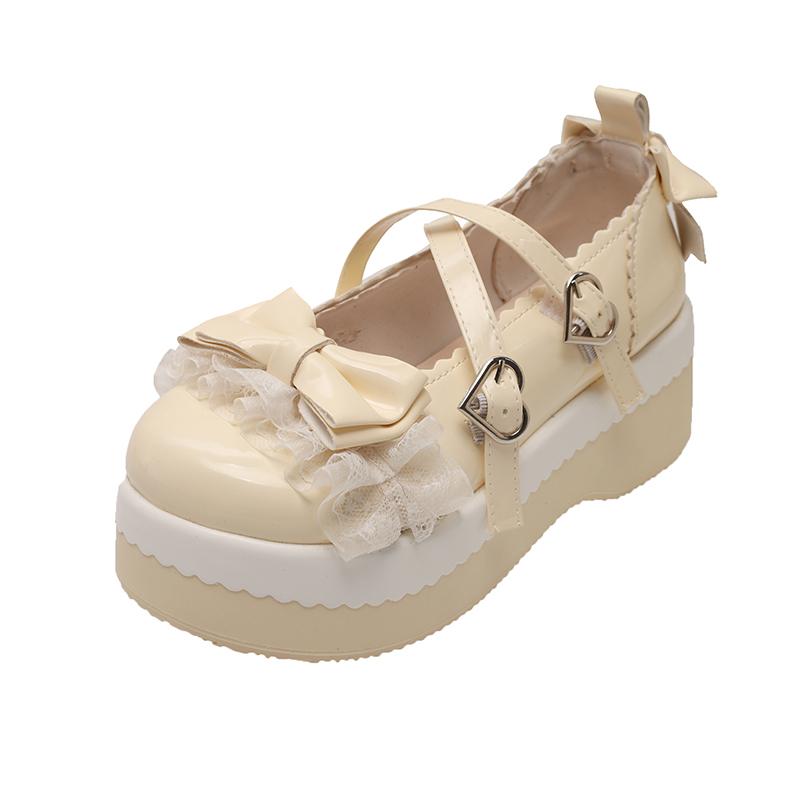 Fashion Sweet Girls Lolita Flat Platform ,Female Students Lace Strawberry Bowknots Cute Marry Jane Elevator Shoes