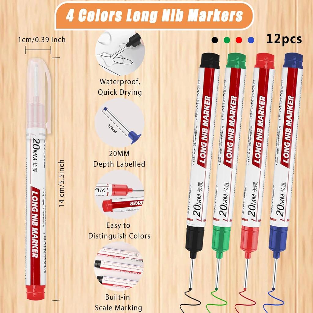 12 PCS Long Head Deep Hole Marker Pens, 20mm Long Nib Markers, Waterproof Quick Drying Colorful Carpenter Marking Tool for Office Supplies,