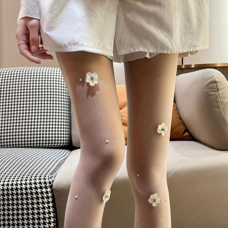 

Молочно-белые колготки для женщин с цветочным узором, чулки против затяжек со стразами One Size