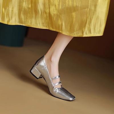 Gentle Retro Silver Square Head with Thick Heel Mary Jane Shoes New Small Leather Shoes Women