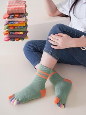 Korean Style Colorful Toe Breathable Deodorant Children's Five-Finger Mid-Calf Combed Cotton Sports Socks