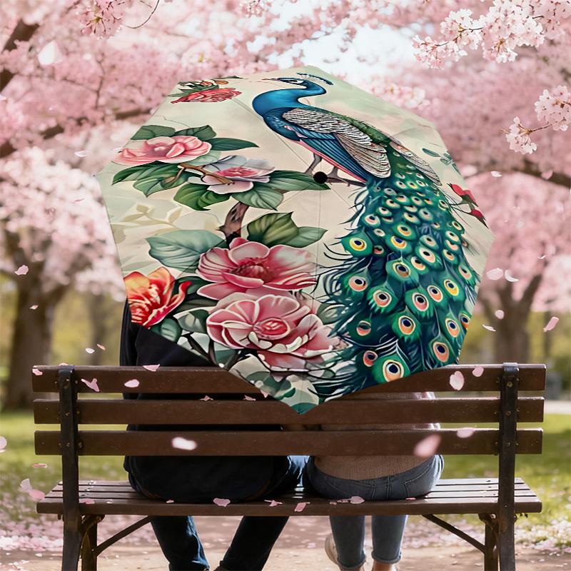 1PC Peacock Flowers Automatic Open/Close Umbrella with Windproof, 8-Rib Sturdy Canopy, Durable Ribs, Fashionable Design,1297a