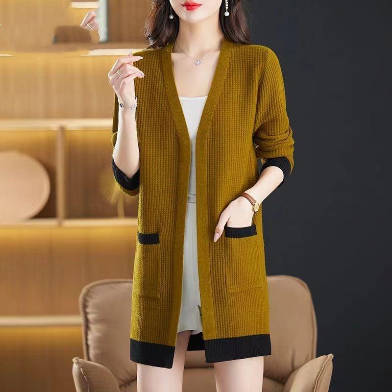 New women's medium and long v-neck sweater jacket autumn and winter new thin fashion knitted cardigan shawl