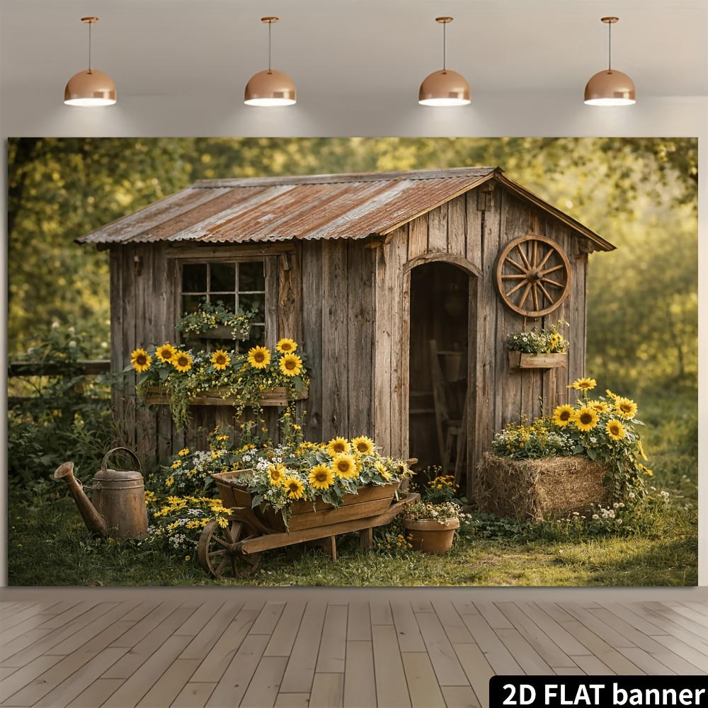 1Pcs Sunflower Garden Cabin Vintage Cart Decoration Background Rustic Backdrop Decorations For Photo Studio Photo Booth Party