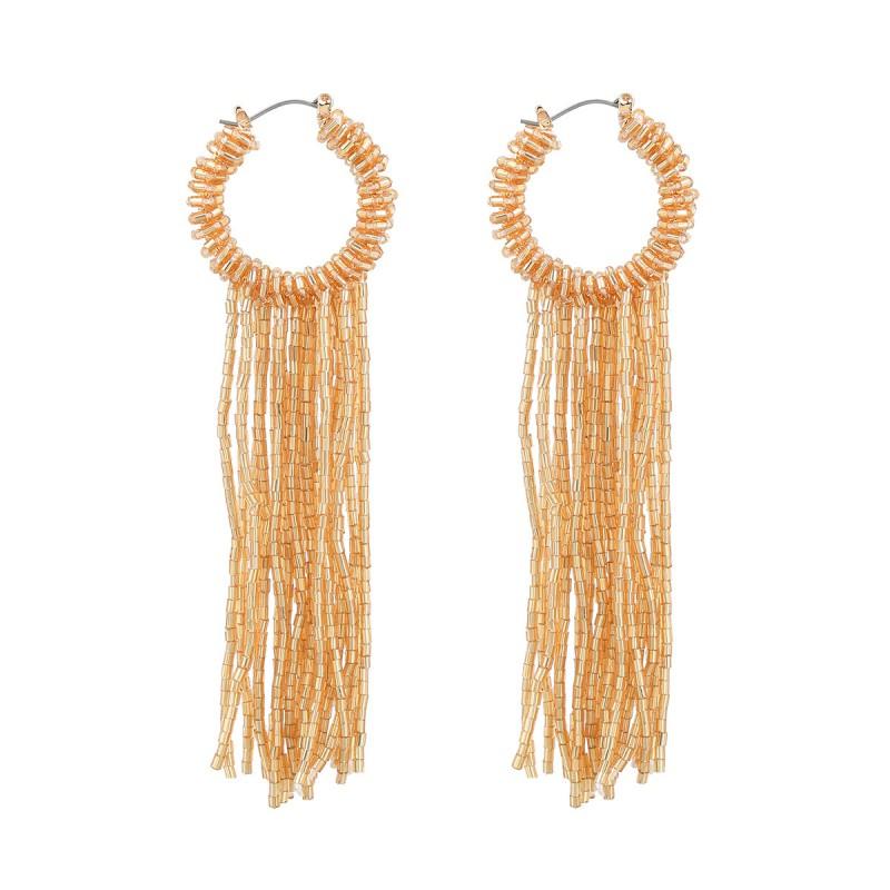 Boho Chic Long Tassel Earrings Women Handwoven Glass Tube Pendant With Geometric Design Yellow Blue Yellow