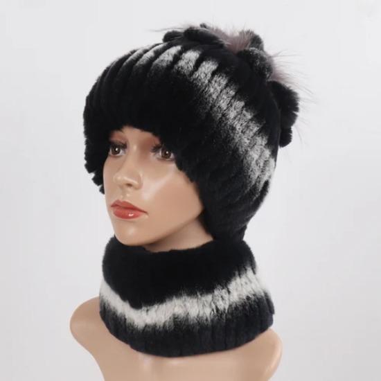 Knitted Women Warm Rex Rabbit Fur Hat Scarf Sets Winter Natural Rex Rabbit Fur Cap Scarves Russia Lady Fur Hats Muffler 2 Pieces