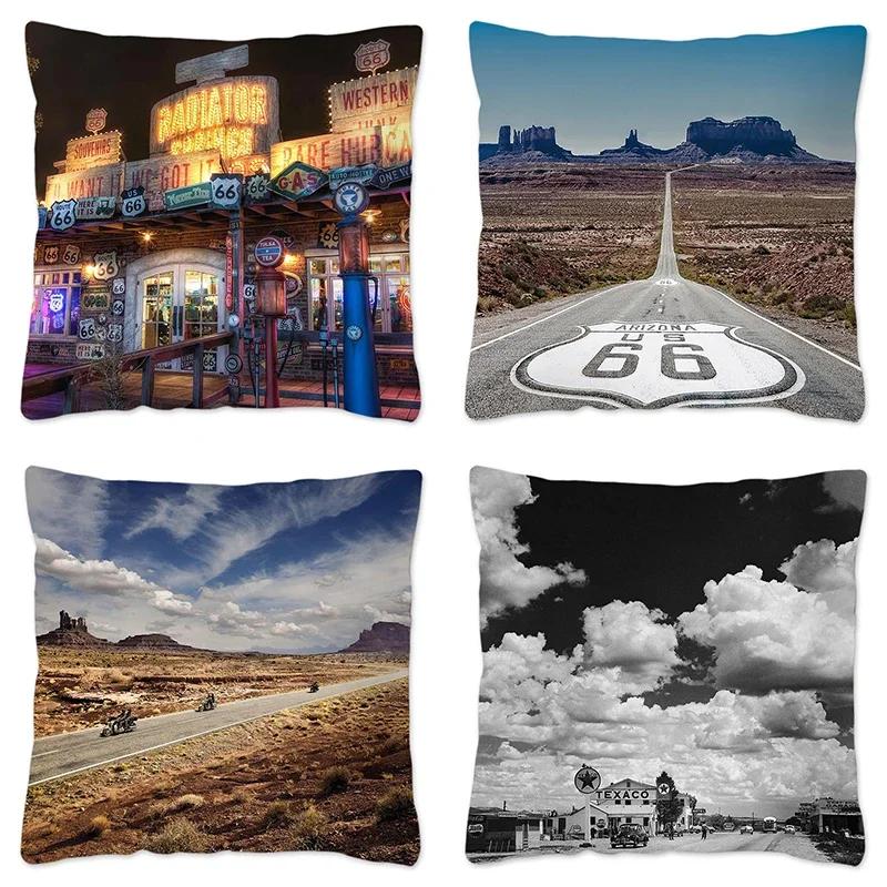 Poszewka na poduszkę w stylu retro Route 66 Dekoracja domu Poliestrowa poszewka na poduszkę na sofę Samochód Poszewka na poduszkę do rzucania Naturalny krajobraz Funda Cojin