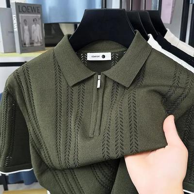 Women's Beige Knit Polo Shirt Eyelet Detail Zip Collar Casual Top