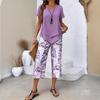 Light Blue Short Sleeve Two Piece Set with Cropped Top and Printed Pants