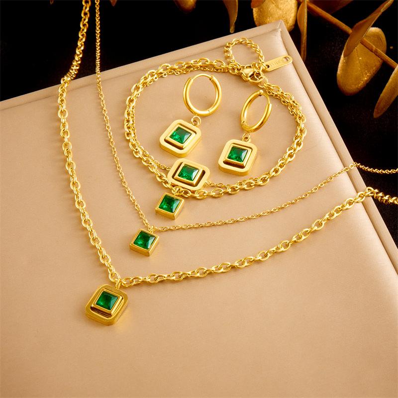 Gold Square Emerald Cz Jewelry Set Necklace Bracelet Hoop Earrings зелёный