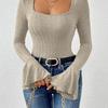 Stylish 2025 Fall New Arrival Square Collar Solid Color Rib Fabric Slim-Fit Sexy Figure Flattering Tops Horn Long Sleeves T-shirt