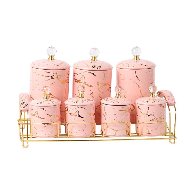 Marbled Ceramic Storage Jar with Lid Storage Tanks Metal Rack Base Food Organizers Storages Bottles Kitchen Storage Container