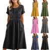 Women's Cotton And Linen Embroidered Printed Round Neck Pocket Short Sleeved Dress