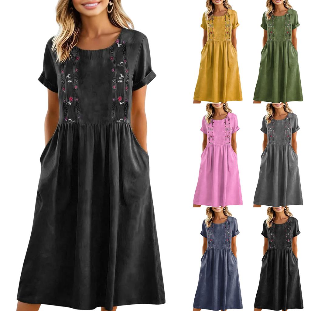 Women's Cotton And Linen Embroidered Printed Round Neck Pocket Short Sleeved Dress