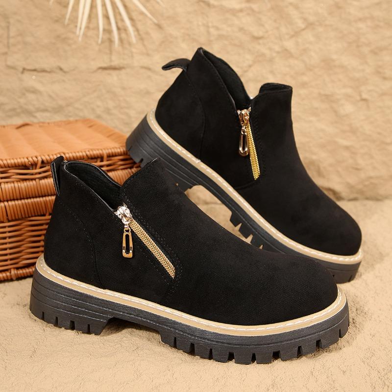 Zahraniční obchod nové velké velikosti dvojitý zip platforma martinky dámské přeshraniční krátká holeň kulatá špička semiš silný podpatek a holé boty