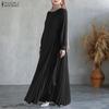 ZANZEA Muslim Casual Irregular Pleated Design Women Loose Long Sleeve Dress