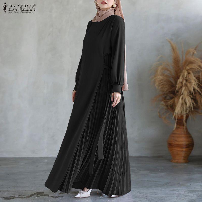 ZANZEA Muslimisches lässiges unregelmäßiges plissiertes Design Damen lockeres Langarmkleid