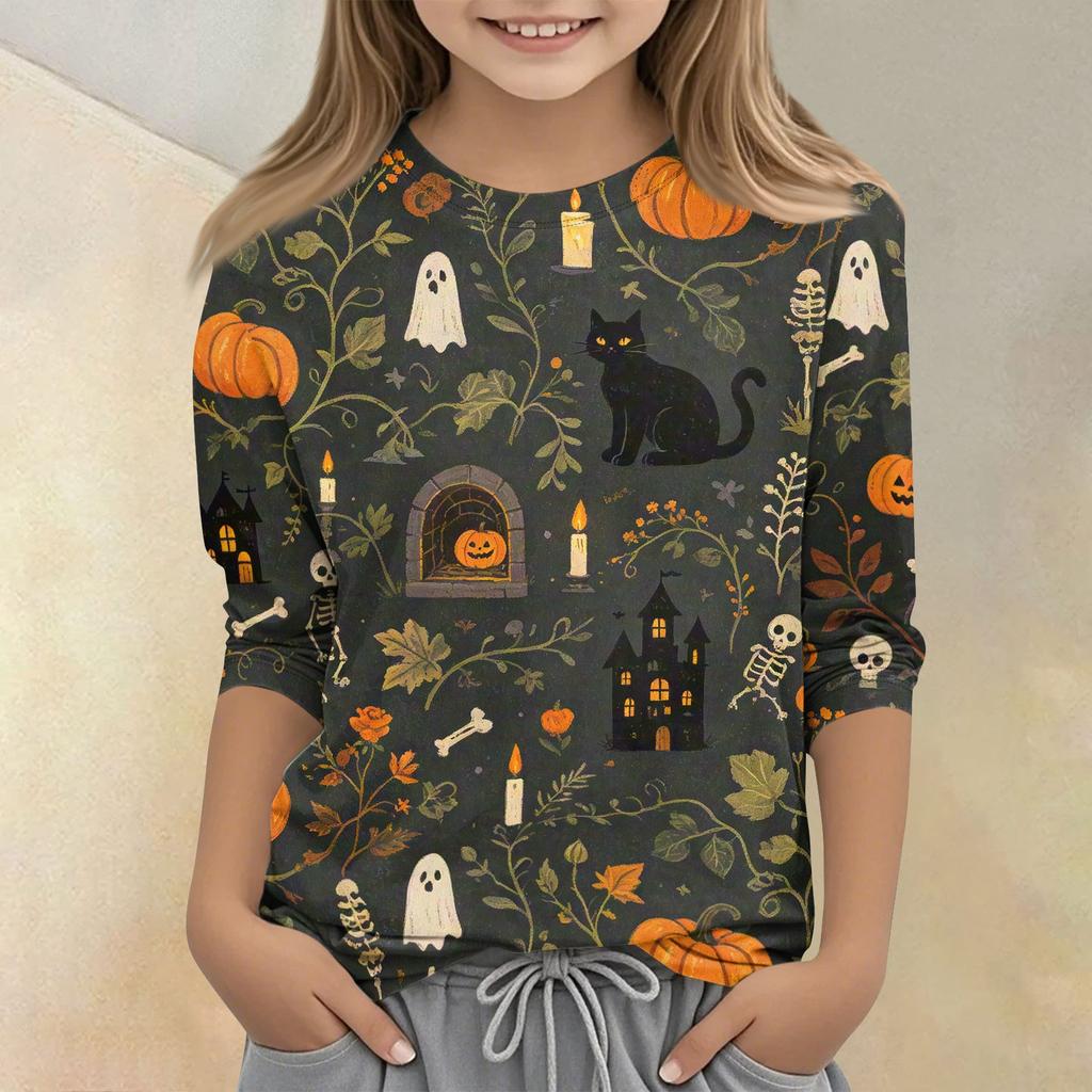 Kids Halloween Printed Round Neck 3/4 Sleeve Casual T-Shirt Top Comfortable Fit Lightweight Soft Fabric Suitable for Boys Girls
