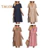 Women's Cotton Linen Summer Dress Round Neck Short Sleeve Midi Dress Loose Casual Beach Vacation Flowy Dress with Pockets