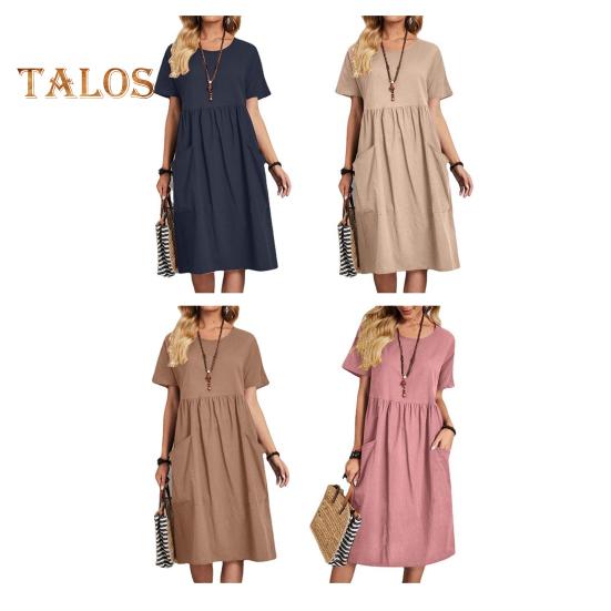 Women's Cotton Linen Summer Dress Round Neck Short Sleeve Midi Dress Loose Casual Beach Vacation Flowy Dress with Pockets