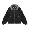 Mens Thick Cotton Workwear Jacket With Faux Fur Collar Oversized Streetwear Style Zipper Front Contrast Stitching Pockets