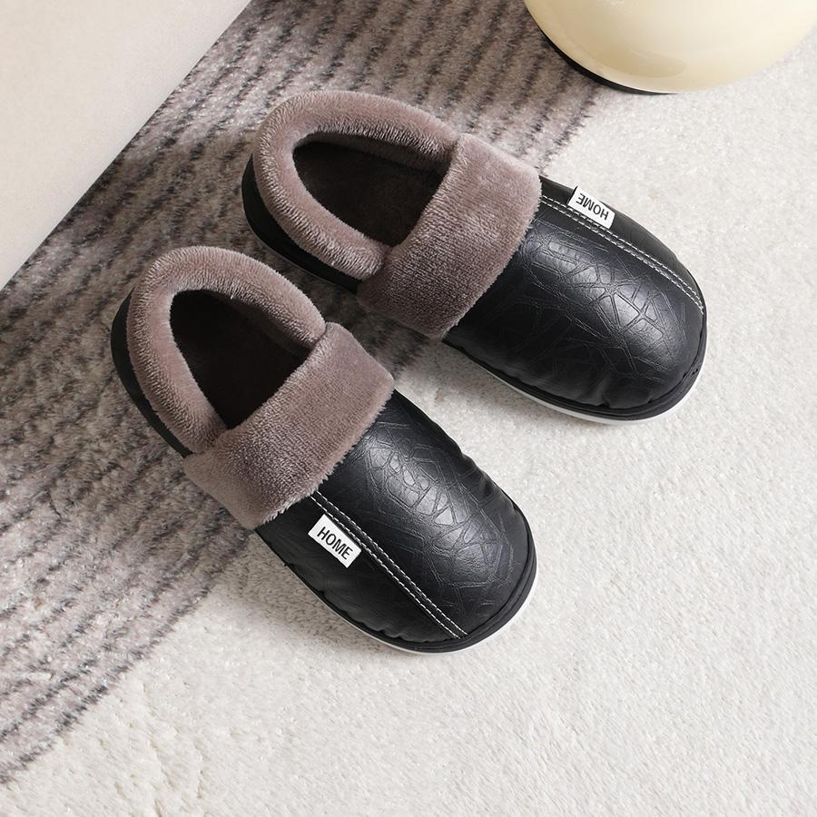 Hausschuhe für Herren Winter Plüsch Warm Weich Memory-Schaum Hausschuhe Wasserdichtes Leder Rutschfest Schlafzimmerschuhe