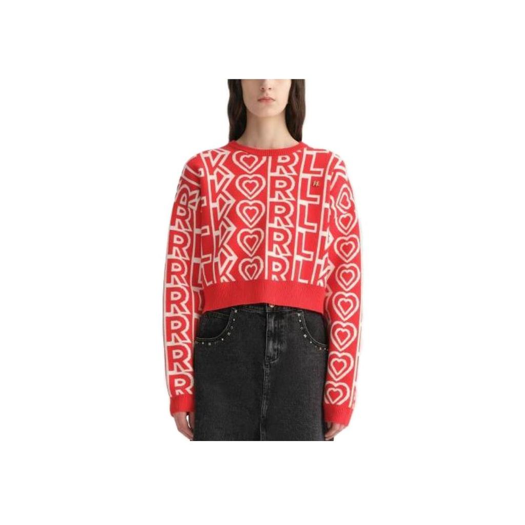 Karl Lagerfeld Casual Commuting Light Luxury Color Block Letter Pattern Jacquard Long Sleeve Knit Sweater Women sweater Red E37W2049500