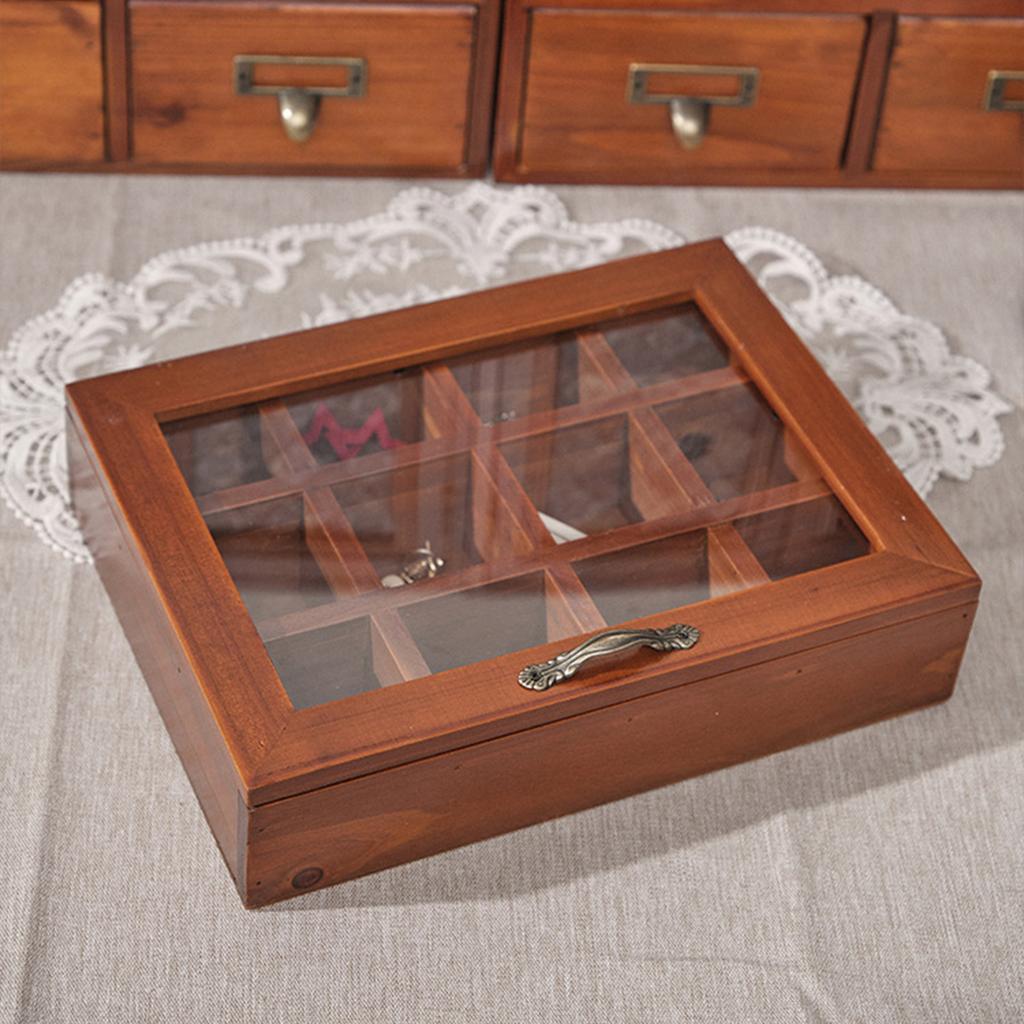 9/12 Grids Organizer Box Jewelry Hairpin Earring Necklace Tea Bag Storage Box With Transparent Lid Vintage Wooden Storage Box