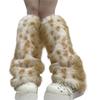 Women Winter Warm Fuzzy Boot Cuffs Flared Leg Covers Japanese Leopard Pattern Furry Plush Leg Warmers Long Tube Socks