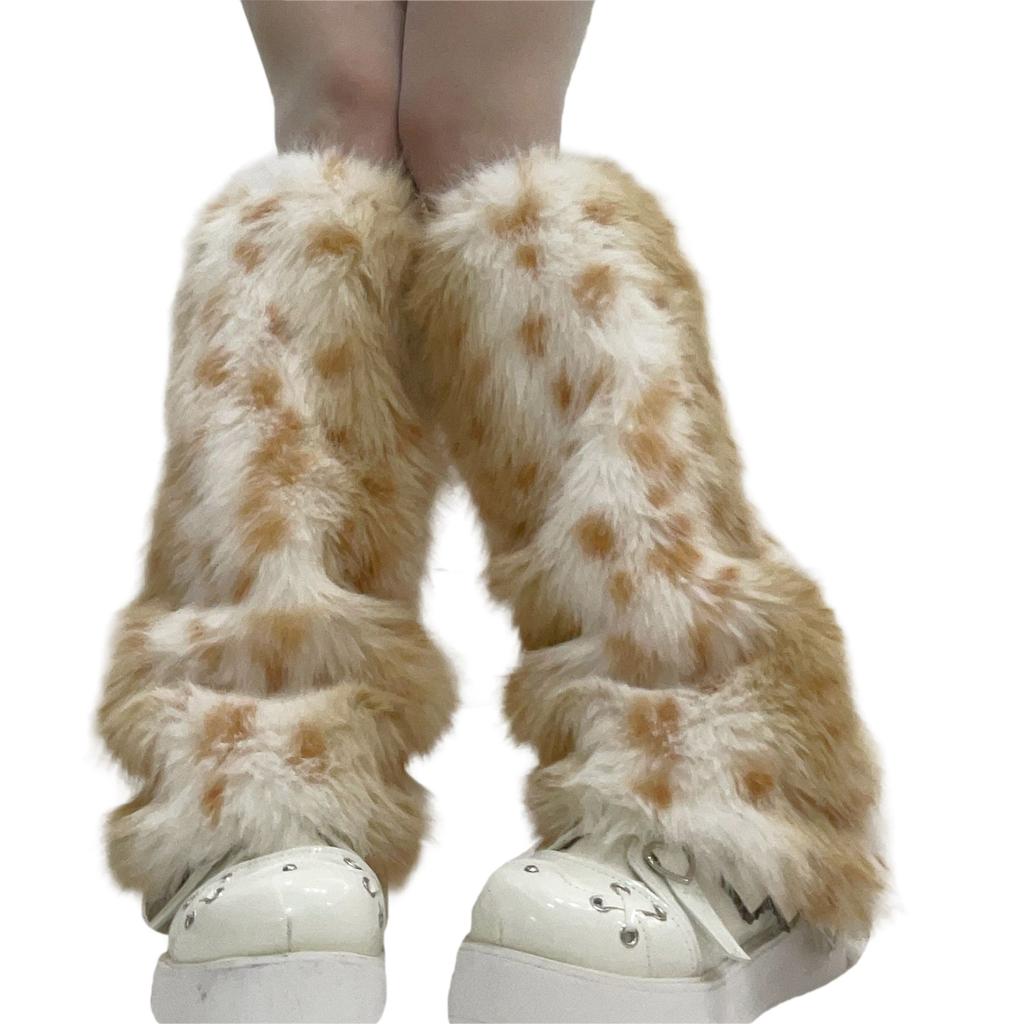 Women Winter Warm Fuzzy Boot Cuffs Flared Leg Covers Japanese Leopard Pattern Furry Plush Leg Warmers Long Tube Socks