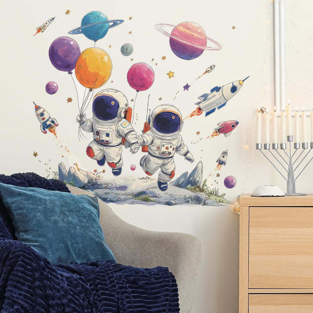 Cartoon Astronaut Rocket Planet Self Adhesive Removable Wall Sticker for Kids Room Bedroom Decor