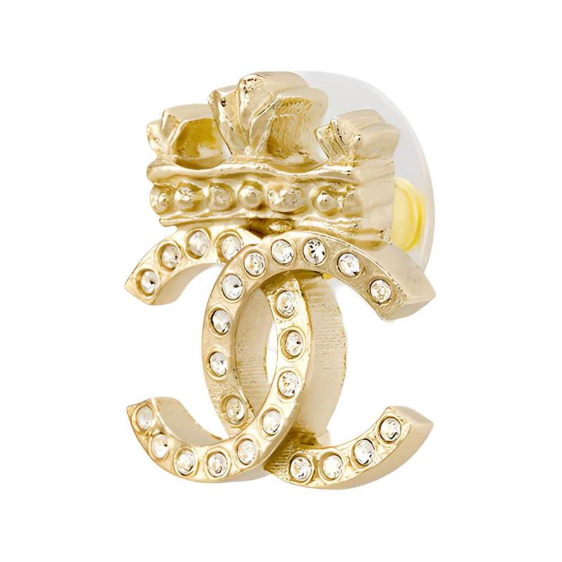 CHANEL Crown Classic Double C Logo Gold Metal Earrings Women's Gold