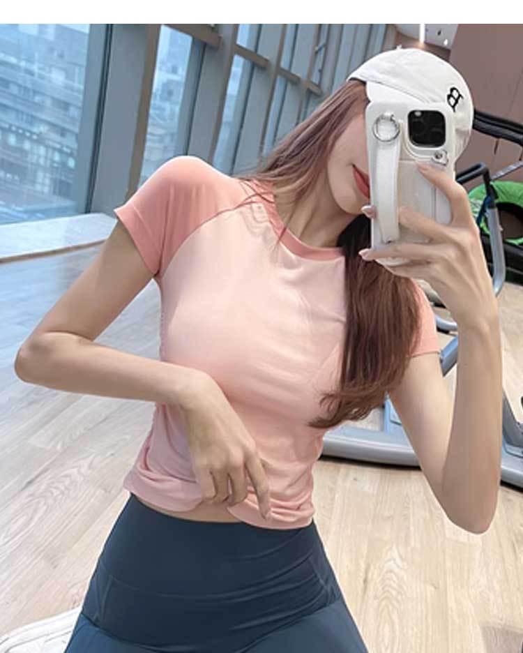 

2025 Топ для фитнеса с коротким рукавом, бесшовный, облегающего кроя, с цветными блоками, быстросохнущий, для йоги XL (130-145 lbs)