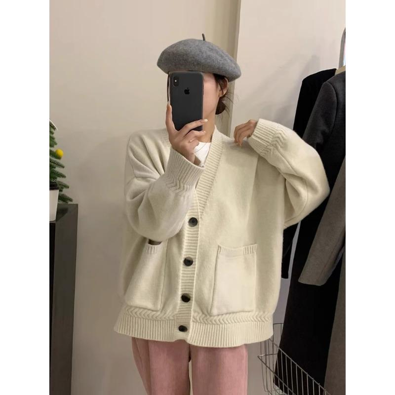 

Кардиган трикотажный с V-образным вырезом и карманом, новый осенне-зимний, свободного ленивого мягкого воскового дизайна, куртка-свитер женская