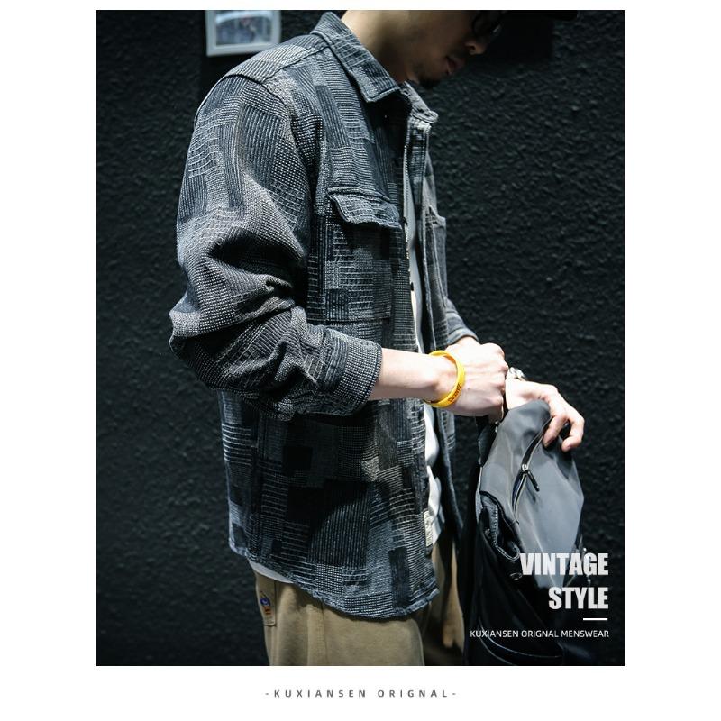 Men Loose Long Sleeve Plaid Denim Casual Work Shirt Outerwear