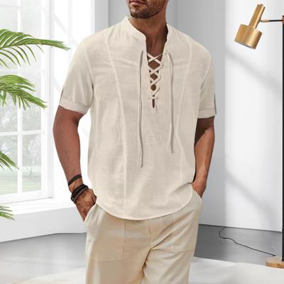 Men Henry Collar T-Shirt Cotton Blend Solid Color Tee Shirt V-Neck with Strap Short Sleeved Casual Summer Tee for Daily Wear Vacation Work