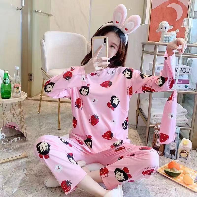 Women's Long-Sleeve Cartoon Pajama Set - Cute Korean Style Homewear for Autumn, Winter, Spring - Plus Size Available
