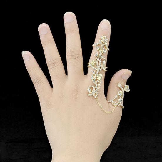 Shining Decorative Double Finger Rings Full Rhinestone Rose Flower Chain Link Rings Jewelry Gift