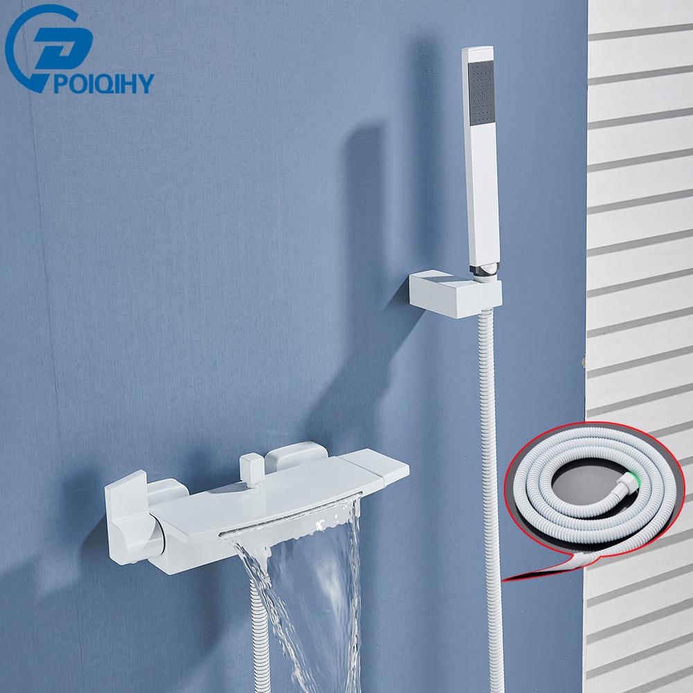 

Матово-черный смеситель для ванны, латунный настенный водопадный излив, смесители для душа в ванной, кран с ручным душем, смесители для холодной и горячей воды