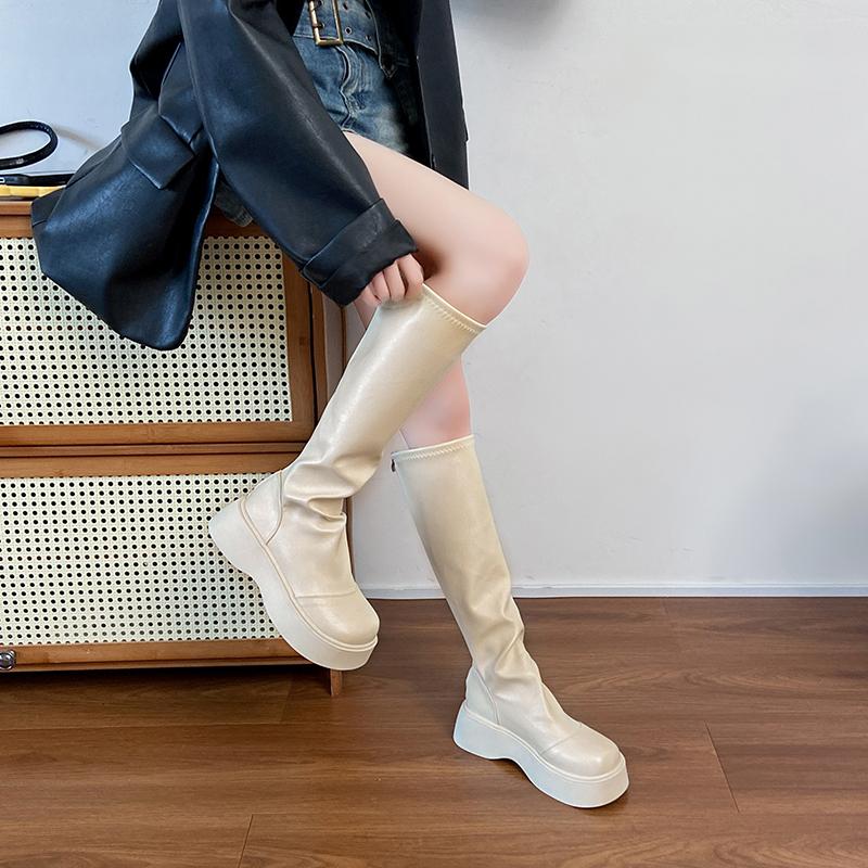 

Модные длинные сапоги до колена нового стиля для женщин, эластичные облегающие сапоги, осенние сапоги на толстой подошве, увеличивающие рост, модные сапоги с высоким голенищем 40 бежевый