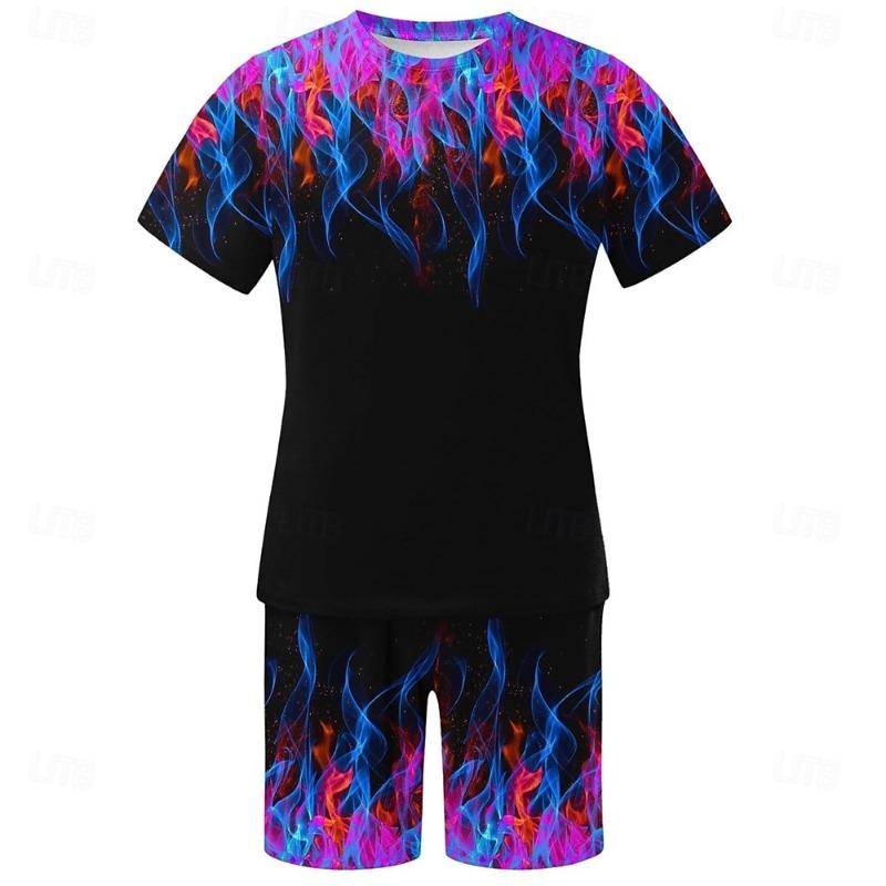 Men's 3D Print 2pcs Tees Sets Summer Tops Short Sleeve Short Pants Crew Neck