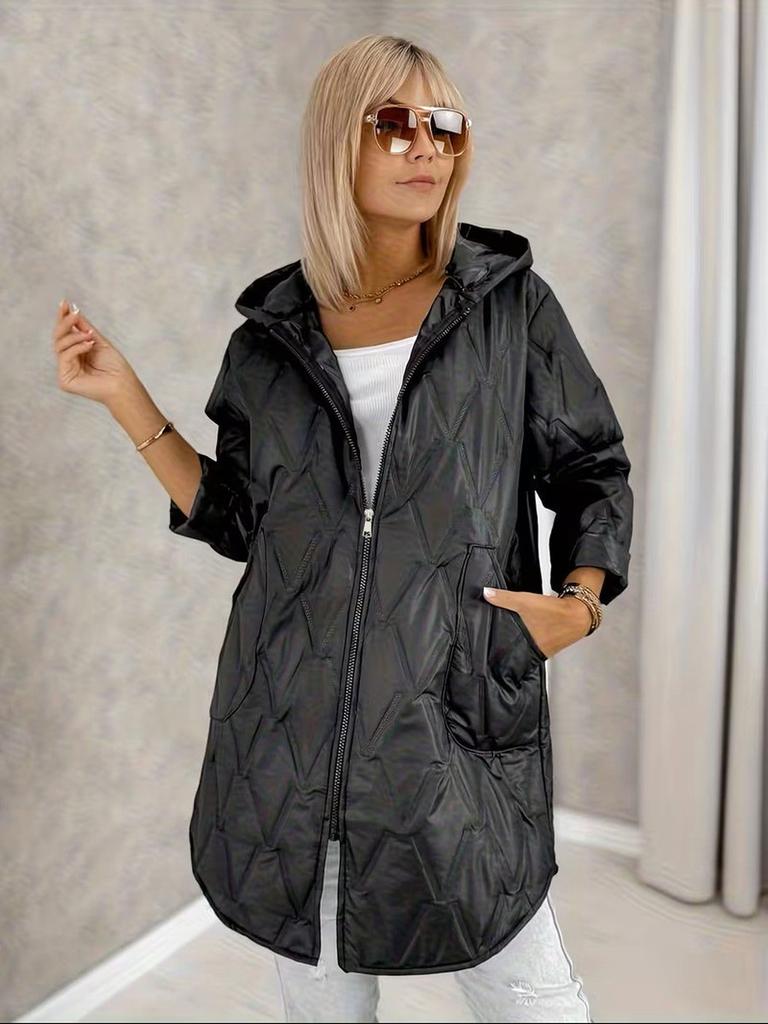Women's Longline Herringbone Cotton Coat with Hood for Fall Winter Casual Wear