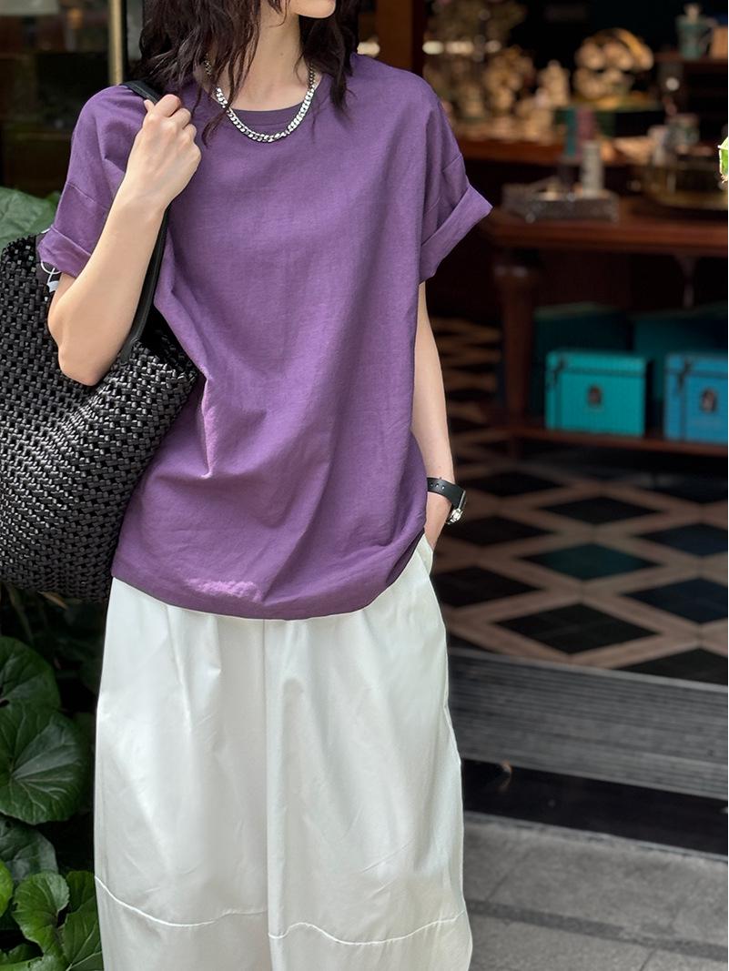 

Оранжевая льняная футболка Zhi 2025 на лето: Повседневный круглый вырез, прямой плечевой шов, свободный приталенный крой One Size темно-фиолетового