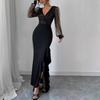 European and American Knitted Dress Elegant and Sexy V-neck High Waist Slim-fitting Sequin Splicing Elastic Dress New