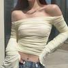 Off-the-Shoulder Ruched Long Sleeves T-shirt Elegant Summer Ins Mesh