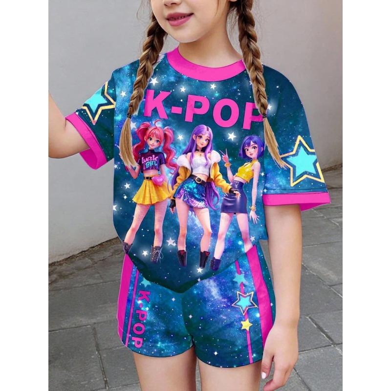 Kpop Cartoon Graphic Girls T-Shirt and Pants Set Girls' Summer Clothing Cute Short Sleeve Set Children's T-Shirt and Shorts Set