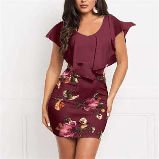 Women Cocktail Dress Rose Print Poncho Pencil Party Mini Dresses Bodycon Layered Ruffled Party Dress