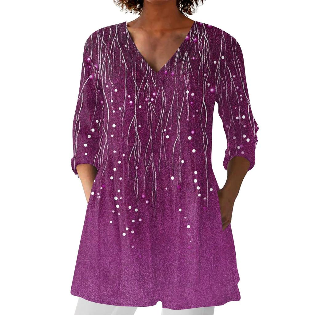 Dámská móda Tištěný V výstřih 3/4 rukáv Kapsa Ležérní Volný střih Svetr Top